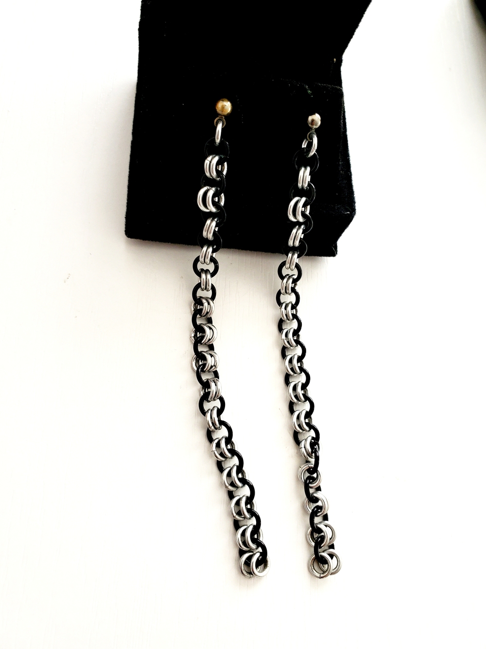 Goth Black Silver Chainmaille Long Drop Earrings